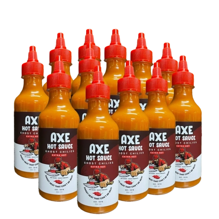 Twelve bottles of Axe Hot Sauce Extra Hot, a fiery hot sauce designed for extreme heat enthusiasts.