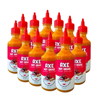 Twelve bottles of Axe Hot Sauce Original, a hot sauce balancing sweet and spicy flavors.