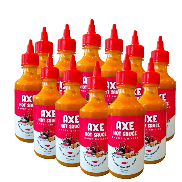 Twelve bottles of Axe Hot Sauce Original, a hot sauce balancing sweet and spicy flavors.